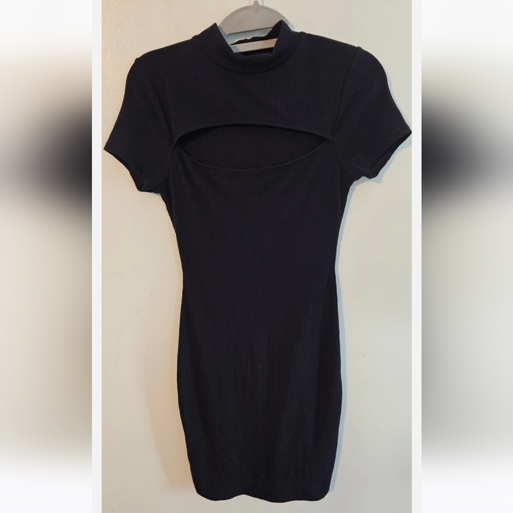 Heart & Hips Black Asymmetrical Black Ribbed Dress W/mock Neck & Cut Out Area